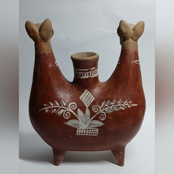 2 Headed Llama Alpaca Pottery Art Drinking Vessel Canteen Handmade Handpainted - Picture 2 of 6